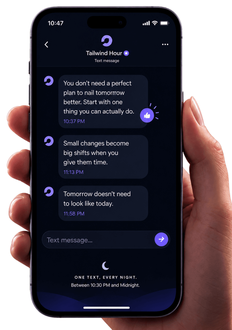 Tailwind Hour text message preview on a phone